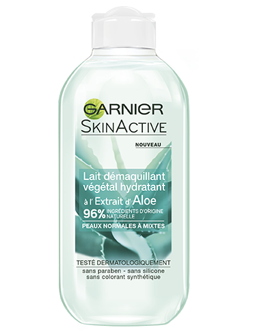 Garnier, SkinActive, Aloe Vera, Lait démaquillant végétal hydratant, normal, mixte, peau sensible, nettoyant, packshot Picture title:Garnier-SkinActive-Aloe Vera-Démaquillant-Végétal-normal-mixte-sensible-peau-packshot
